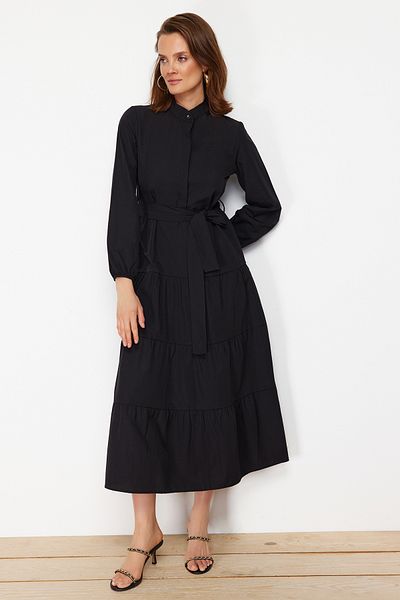 Trendyol Modest Rochie țesută cu guler șef cu centură neagră TCTSS21EL3343