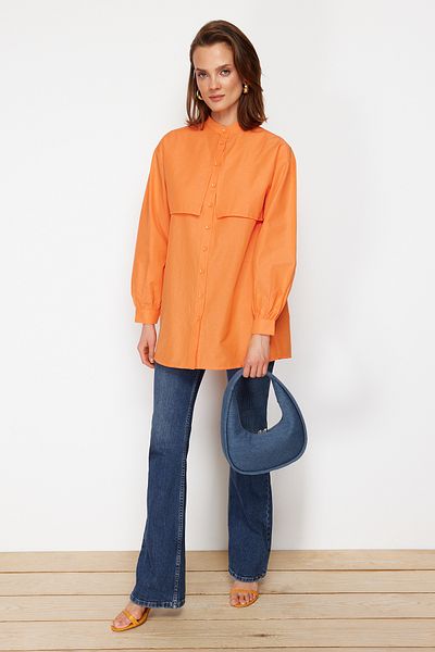 Trendyol Modest Orangefarbenes gewebtes Baumwollhemd TCTSS23TG00030