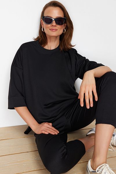 Trendyol Collection Fekete kötött pulóver és nadrág szett - széles szabású