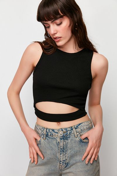 Trendyol Collection Black Cut Out Detailed Crew Neck Knitted Tank Top TWOSS24AL00043