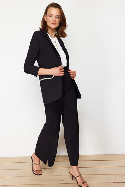 Trendyol Modest Black Pearl részletes krepp kabát nadrág szőtt alsó felső öltöny TCTSS24US00011