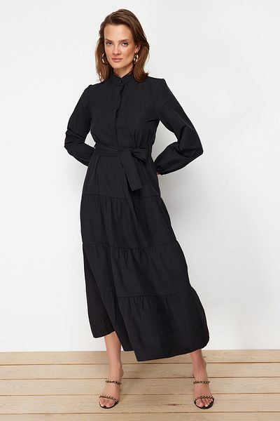 Trendyol Modest Rochie țesută cu guler șef cu centură neagră TCTSS21EL3343