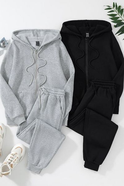 han elegant Set de trening din 2 piese cu fermoar pentru buzunar cangur