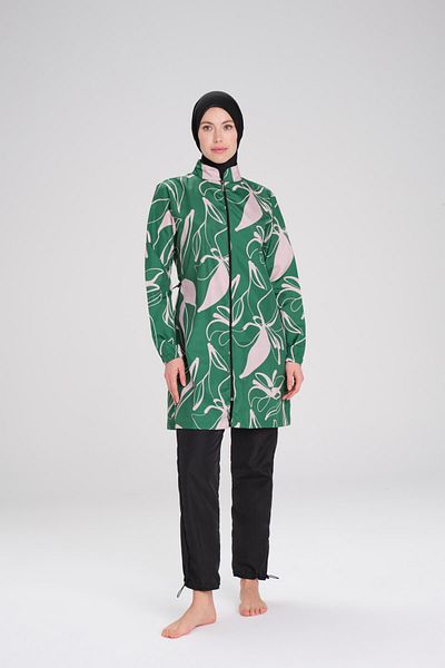 Nehar Patterned Green Woven 3 Piece Hijab Swimsuit Set 2256