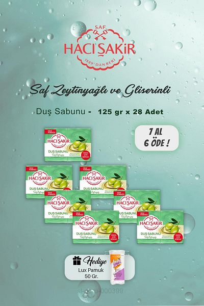 Hacı Şakir BUY 7 GET 6 Hacı Şakir Pure Olive Oil Shower Soap 7x4 Cotton Gifts