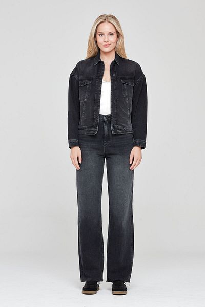 Pantamo Jeans Palton din denim negru închis învechit - Jachetă pentru femei cu croiala relaxată
