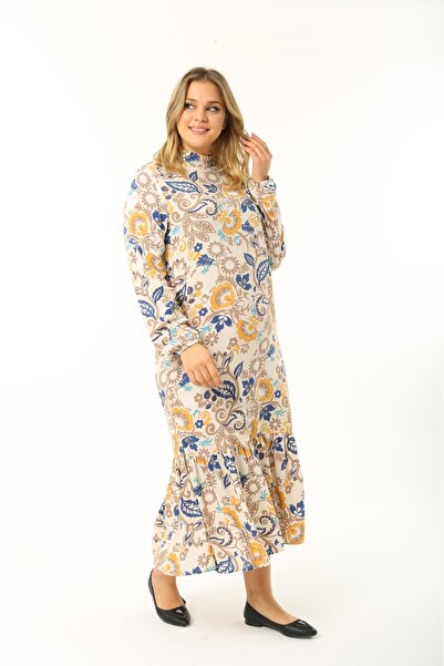 CANSELLBUTİKK BÜYÜK BEDEN  Kemerli,gizli fermuarlı,kolları lastikli, pileli Şal Desen Elbise (46-48-50-52-54)