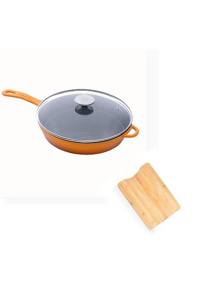 Sürel Demirdöküm Honeycomb Surface Pan with Glass Lid 28 cm Orange Bamboo Cutting Board