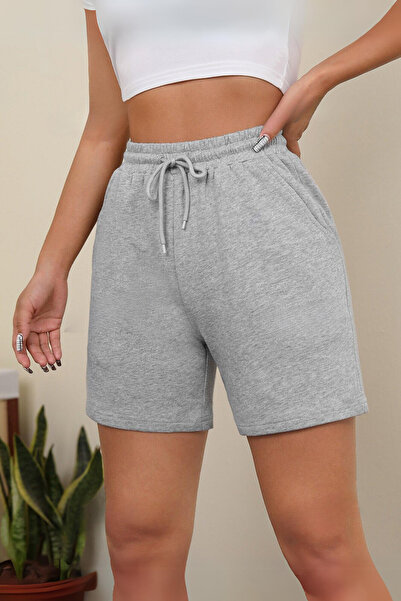 NAKRUF Kadın Gri Düz Regular Penye İpli Şort