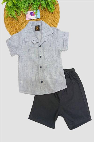 dinamik çocuk Boy's Thin Summer Short Sleeve Shirt with Satin Shorts 2 Piece Set/Full Fit