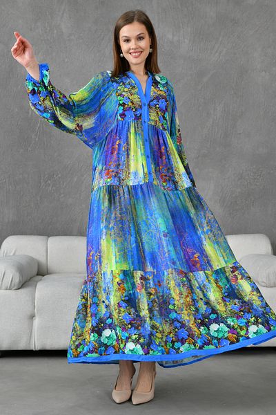 bayansepeti Rochie de vară evazată pentru femei, cu imprimeu floral, cu închidere cu nasturi, guler predominant, mânecă cu balon, cu croiala midi, evazată 036
