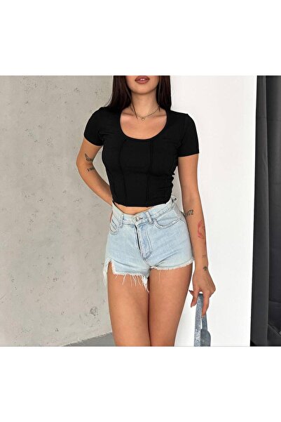 SUYA US WEAR Κοντό μανίκι από ύφασμα με αντίστροφη ραφή με λαιμόκοψη