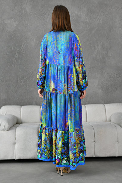 bayansepeti Γυναικείο φλοράλ στάμπα με κουμπί Κλείσιμο με γιακά με μπαλόνι μανίκι Midi φαρδύ φαρδύ καλοκαιρινό φόρεμα 036