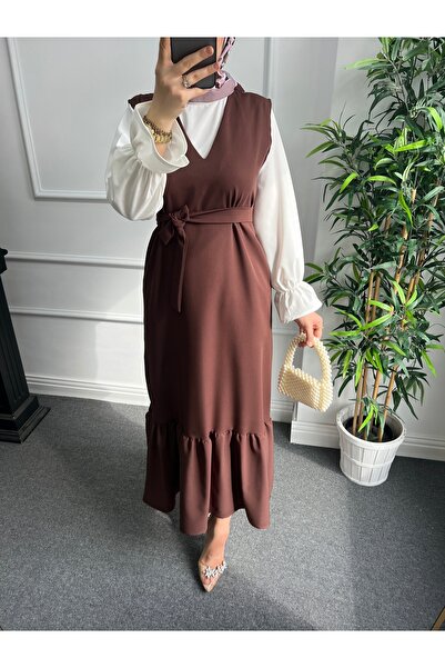 Nisa Nalbantoğlu Καφέ κρεπ Hijab Gilet