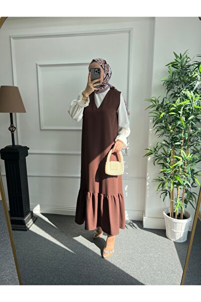 Nisa Nalbantoğlu Καφέ κρεπ Hijab Gilet