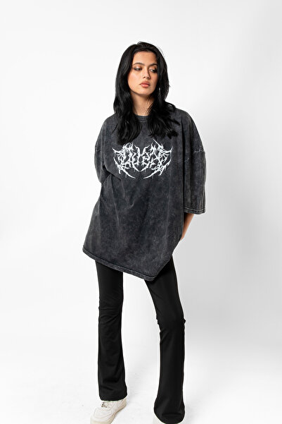 Bak Moda Tricou oversize unisex lavabil, negru, imprimat Dusk