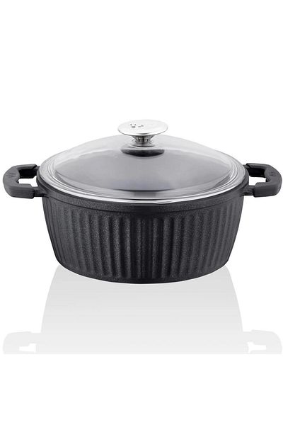 Taç Valeriya Cast Glass Lid Deep Pot 22 Cm Black - TAC-4975