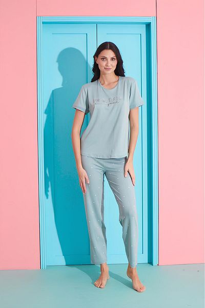 MEBA Water Green Text Patterned Short Sleeve Knitted Milan Women's Pajamas Set /14
