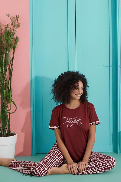 MEBA Set pijamale damă tricotate Milan cu mâneci scurte, roșu claret, model carouri perfecte /7