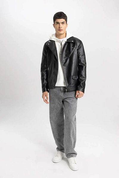 DeFacto Faux Leather Slim Fit Jacket - Zipper and Pocket, U4418Az24Sp