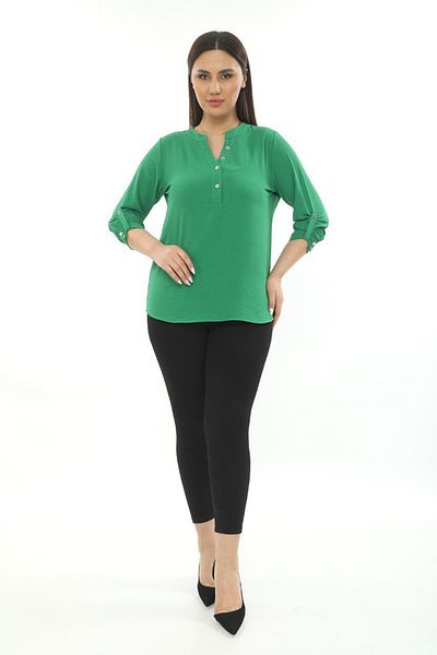 Selent Women's Silver Button Detailed V-Neck Three-Quarter Sleeve Ayrobin Linen Plus Size Blouse