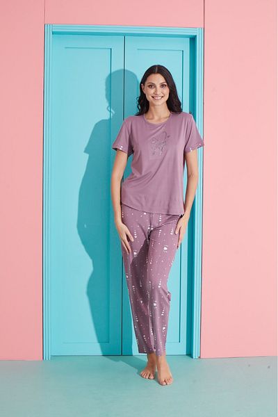 MEBA Set de pijamale Milan tricotat cu mâneci scurte model inimă liliac /11