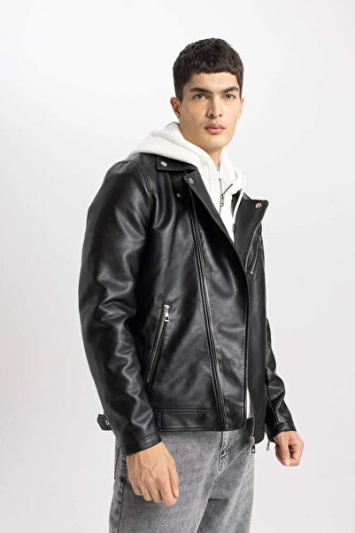 DeFacto Faux Leather Slim Fit Jacket - Zipper and Pocket, U4418Az24Sp