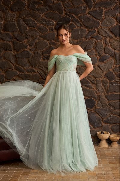 Lenta Moda Water Green Jewelled Maxi Length Draped Transparent Evening Dress