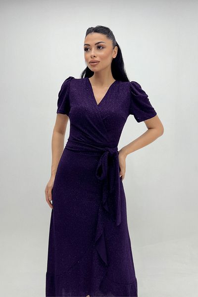 giyimmasalı Imported Glitter Fabric Belt Detailed Midiboy Dress Eggplant Purple