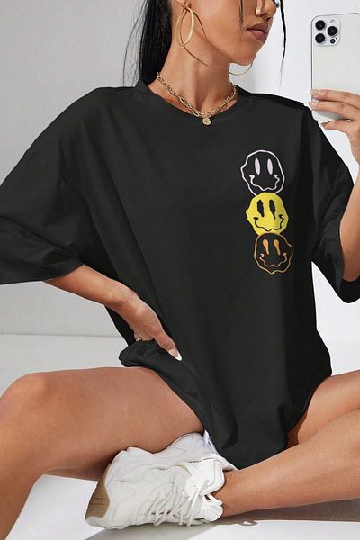 MODAGEN Μπλουζάκι Unisex Black Crew Neck Oversize Emoji Printed T-Shirt