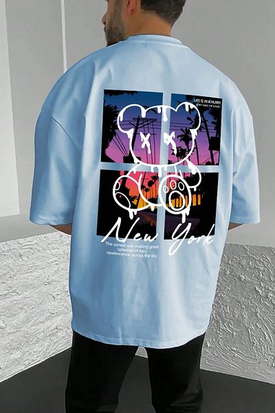 MODAGEN Tricou oversize pentru bărbați Baby Blue New York cu imprimeu la spate