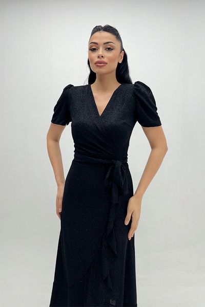 giyimmasalı Imported Glitter Fabric Belt Detailed Midiboy Dress - Black