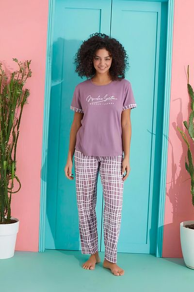 MEBA Set de pijamale Milan tricotat cu mâneci scurte cu model în carouri liliac /4