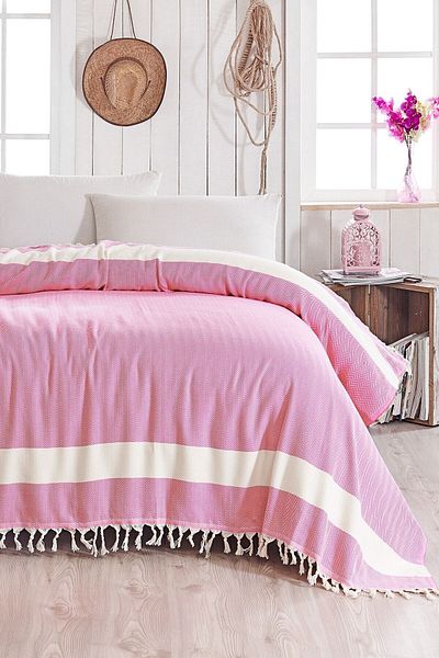 Lux Touch مفرش سرير مزدوج باللون الوردي المحيطي مقاس 200 × 230 سم غطاء كرسي بذراعين للأريكة من القطن مع شرابات