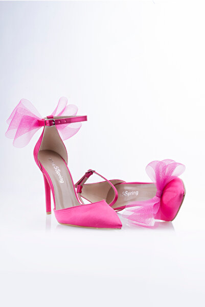 İnce Topuk Fuchsia bow 8 cm heel satin evening shoes