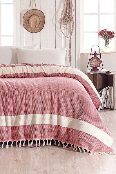 Lux Touch مفرش سرير مزدوج أحمر نقي 200 × 230 سم غطاء كرسي بذراعين للأريكة من قطن بيكيه مع شرابات