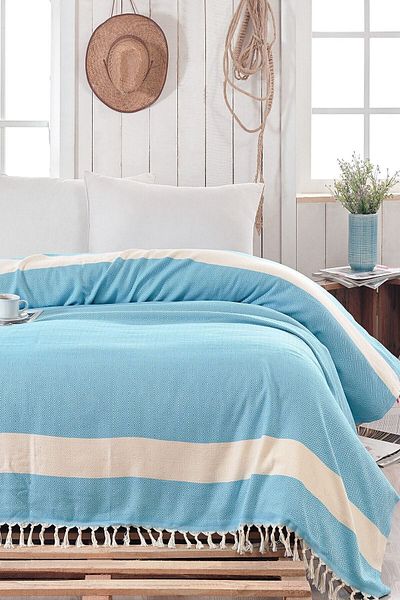 Lux Touch مفرش سرير مزدوج كريستال فيروزي 200 × 230 سم غطاء كرسي أريكة قطن بيكيه مع شرابات