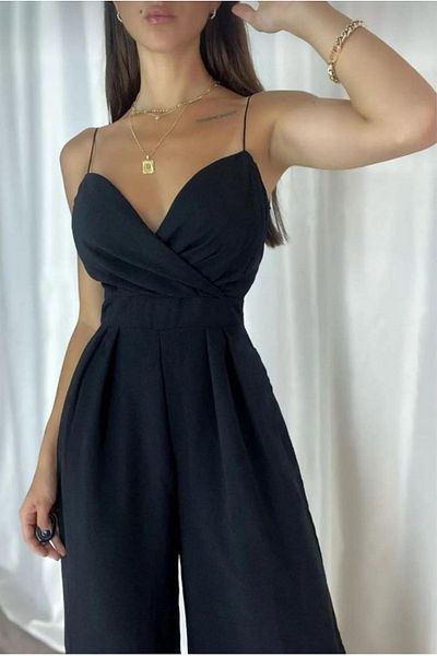 bayansepeti Black Stretchy Crepe Fabric Rope Strap Double Breasted Collar Wide Leg Jumpsuit582191