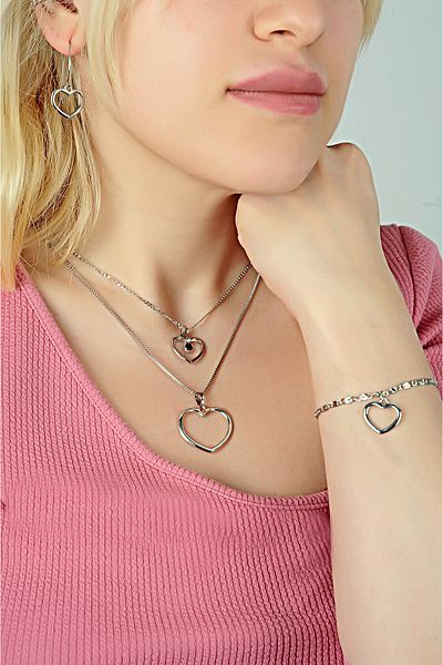 EUROMODA Heart Designed 2-Piece Chain Necklace Earring and Bracelet Set