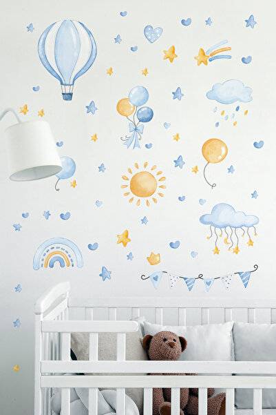 AlyMarkt Baby Room Happy Blue Balloons and Sky Sticker for Wall Mirror Cabinet Door