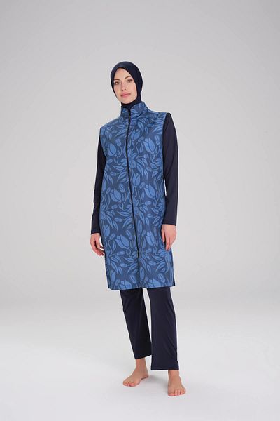 Haşema Σετ μαγιό Hijab 3 τεμαχίων με σχέδιο Nehar Navy Blue Gilet 2266