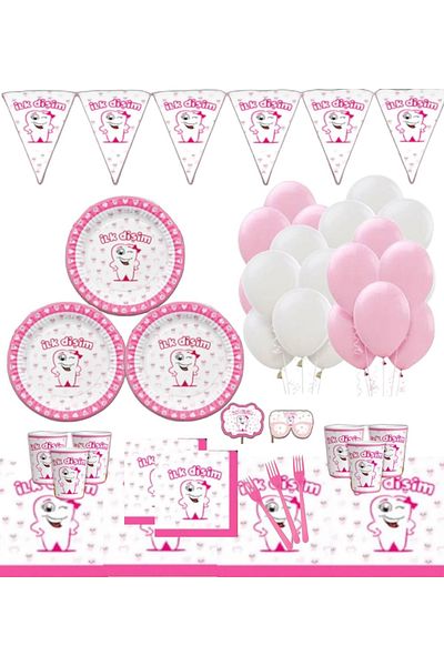 COCOPARTY COCOCPARTY TOOTH WHEAT 24 Person First Tooth PINK Birthday Party Set