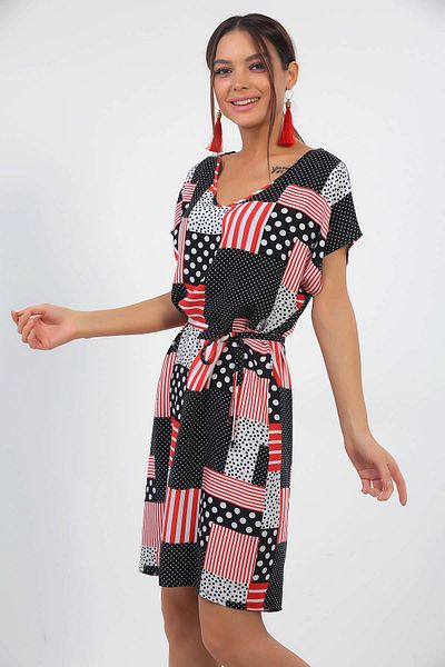AVORWE Rochie cu mânecă scurtă cu decolteu în V cu imprimeu geometric deasupra genunchiului