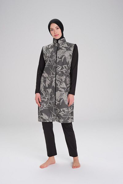 Haşema Σετ 3 τεμαχίων Hijab μαγιό με σχέδιο Nehar Black Khaki Gilet 2264