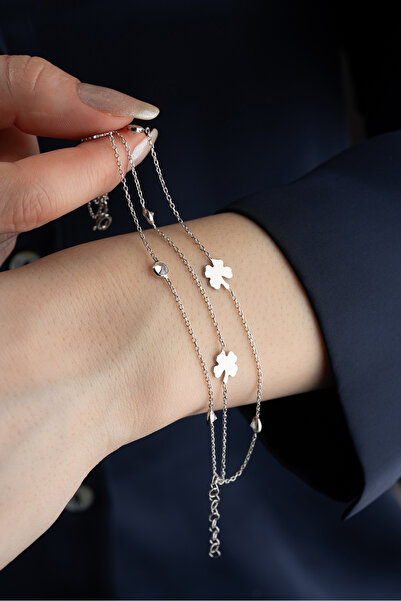 Silvano Jewelry 925 Ayar Gümüş 3 Sıra Yoncalı Taşlı Bileklik