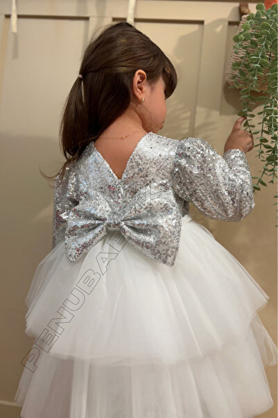 penu baby kids Beyaz Payetli Uzun Kol Tül Etekli Kız Bebek Elbise - Elizabeth