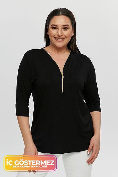 tarzımsüper Plus Size New Season Capri Sleeve Blouse Zippered Comfort Model V-neck 4 Seasons Mother Daily Stylish Blouse