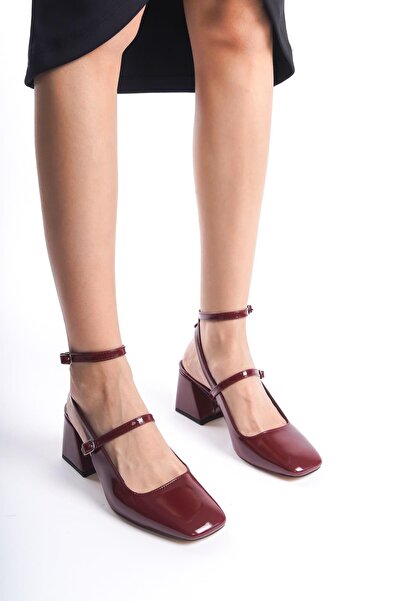 Modabuymus Mulia Claret Red Patent Leather Mary Jane Thick Heeled Ankle Strap Shoes