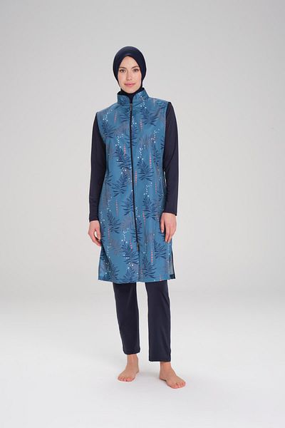 Haşema Nehar Leaf Patterned Navy Blue Gilet 3 τεμαχίων Σετ μαγιό Hijab 2263