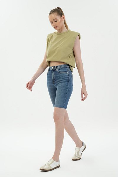 CROSS JEANS High Waist Medium Blue Jean Shorts - Cut-Out Leg C 4534-091